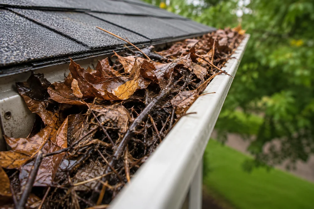 Clogged gutter with leaves and roof debris